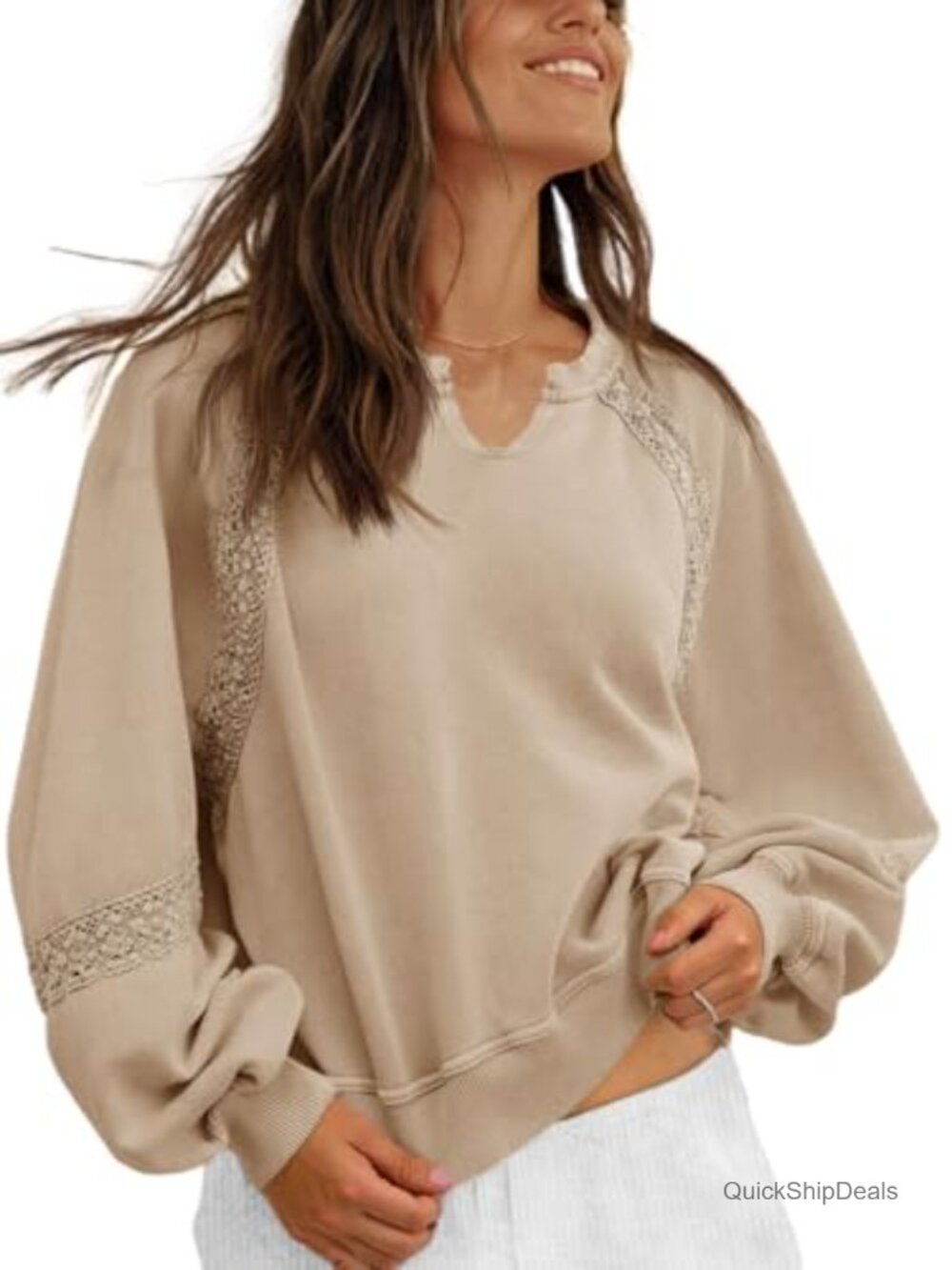 Womens Oversized Cropped V Neck Lace Sweatshirt Lantern Sleeve Fall Top